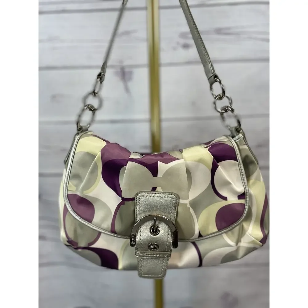 Coach Soho Signature Scarf Print Small Shoulder Bag Purple Silver Satin Handbag - Picture 12 of 13